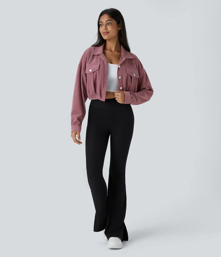 Collared Button Pocket Cropped Corduroy Casual Jacket