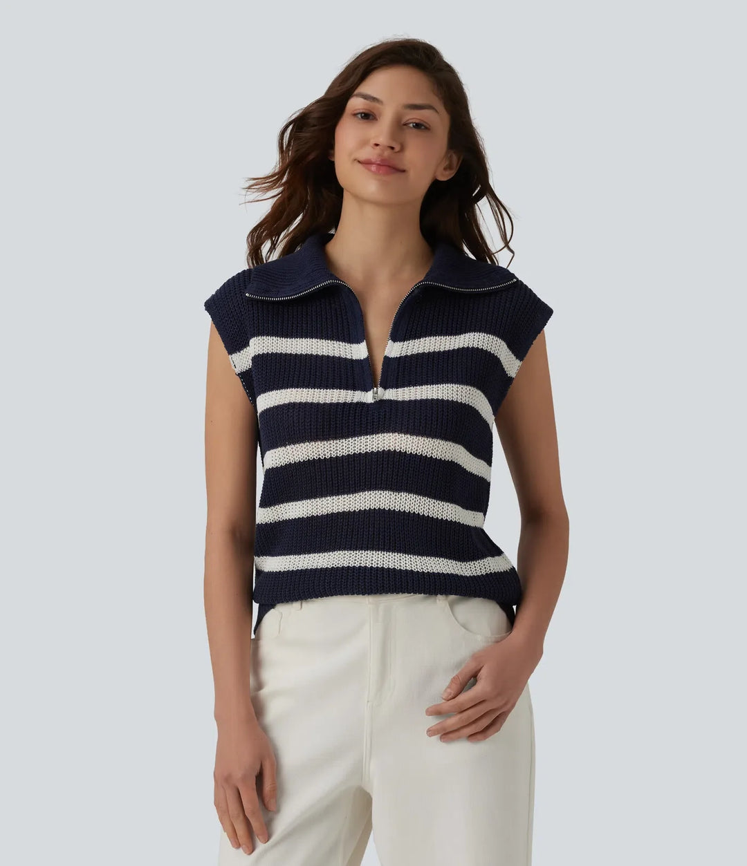 Half Zip Sleeveless Stripe Casual Jumper