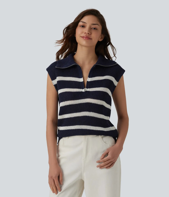 Half Zip Sleeveless Stripe Casual Jumper
