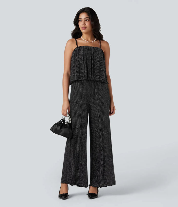 Ruffle Hem Sleeveless Sparkle Stripe Casual Jumpsuit with Pockets-Easy Peezy