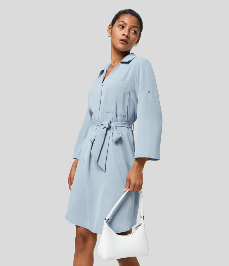 Collared Roll Up Sleeve Belted Relaxed Work Shirt Dress