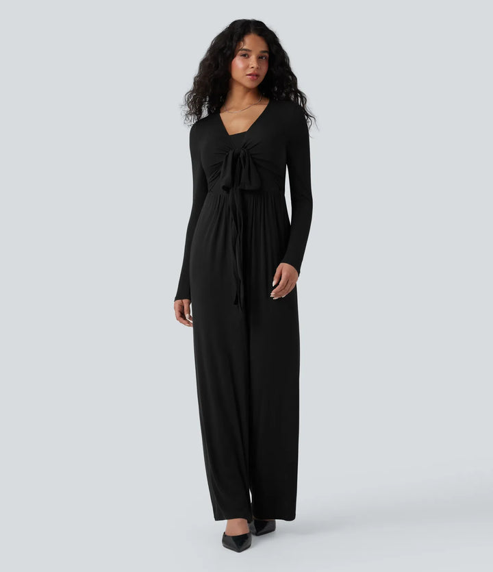 Ribbed V Neck Wrapped Tie Back Long Sleeve Wide Leg Casual Jumpsuit with Pockets-Easy Peezy Edition