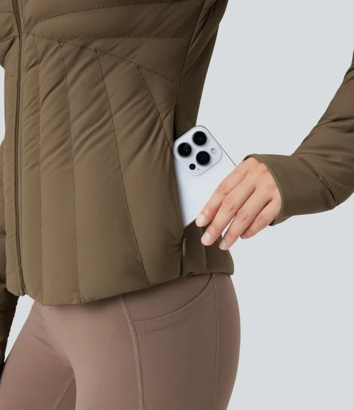 PuffFlex Stand Collar Thumb Holes Stretchy Workout Padded Jacket with Pockets