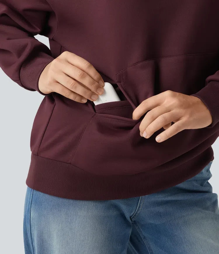 Hooded Crossover Dropped Long Sleeve Fleece Casual Sweatshirt with Pocket