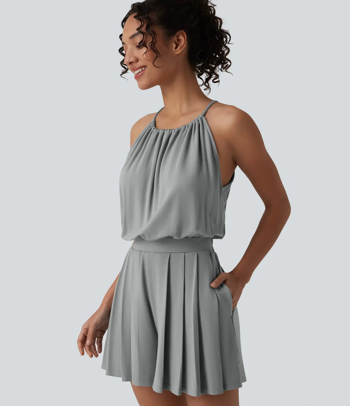 Halter Sleeveless Tie-back Pleated Casual Romper with Pockets-Easy Peezy