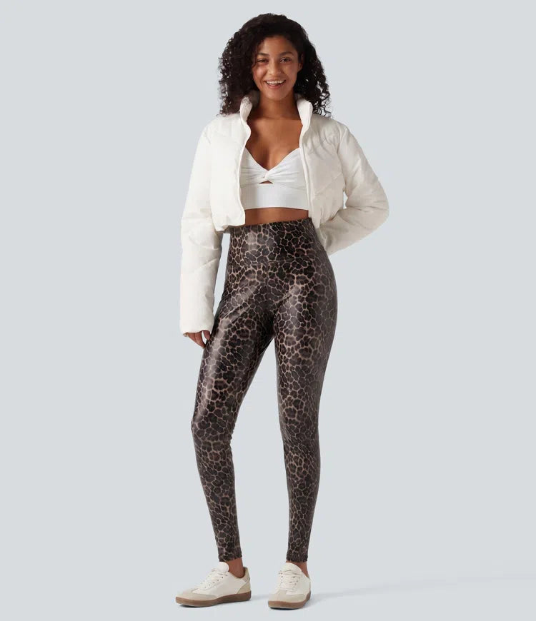 High Waisted Tummy Control Stretchy PU Leopard Print Skinny Casual Leggings with Pockets