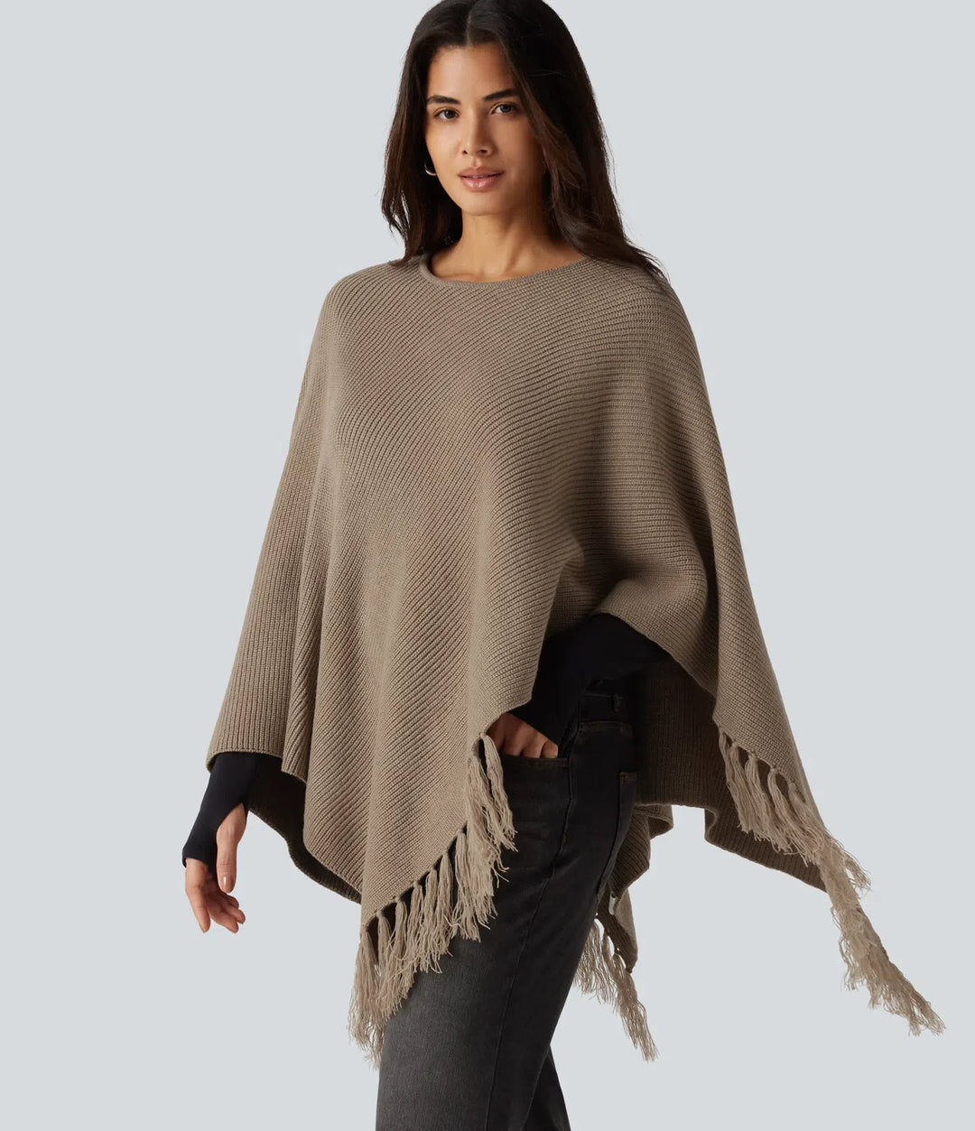 Boat Neck Fringe Poncho Cape Casual Jumper