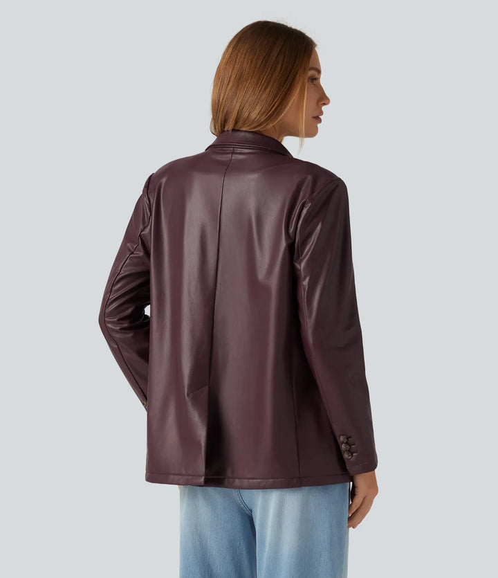 Notched Collar Long Sleeve PU Casual Blazer with Pockets