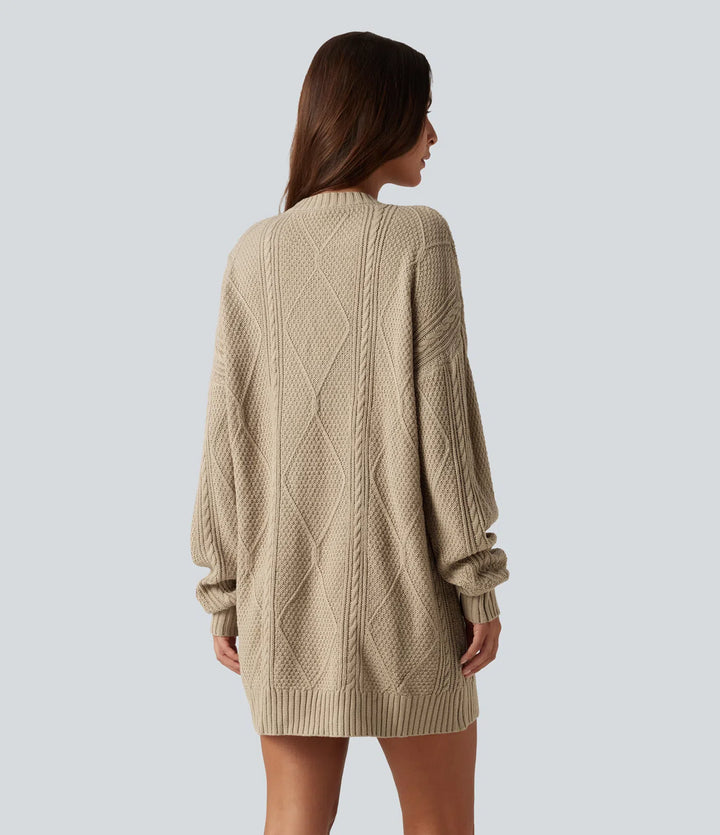 Round Neck Long Sleeve Cable Knit Mini Casual Jumper Dress