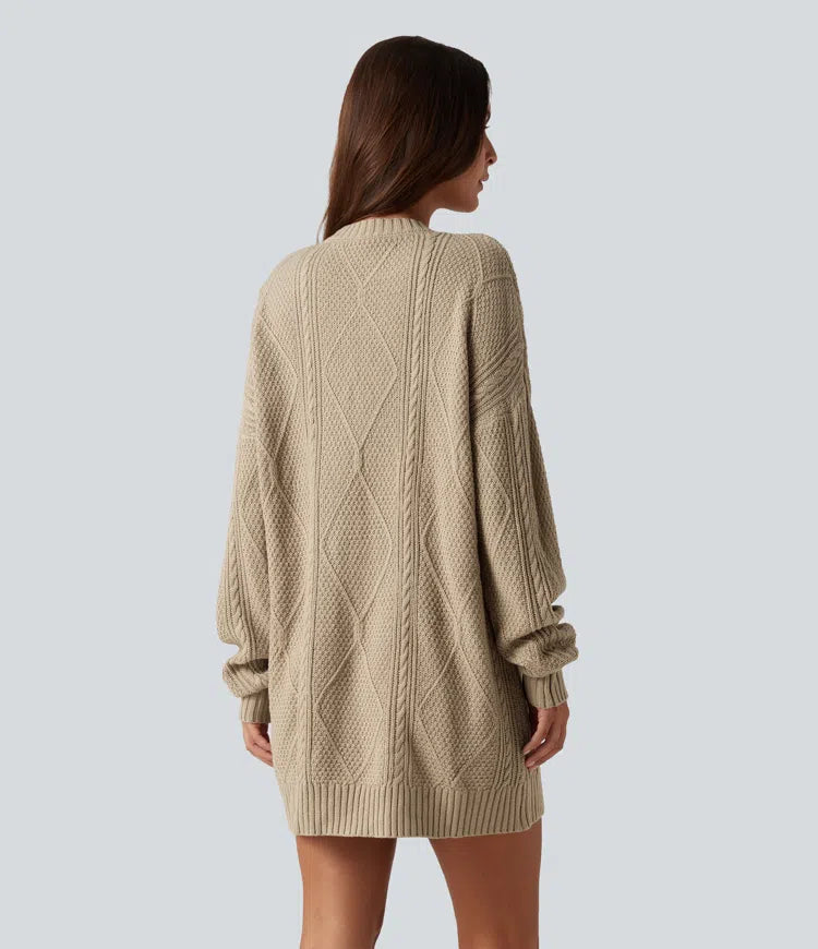 Round Neck Long Sleeve Cable Knit Mini Casual Jumper Dress