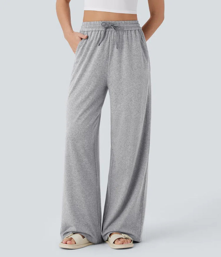 High Waisted Drawstring Pocket Wide Leg Casual Trousers