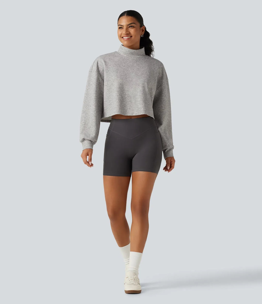 Mock Neck Long Sleeve Relaxed Cropped Casual Sweatshirt