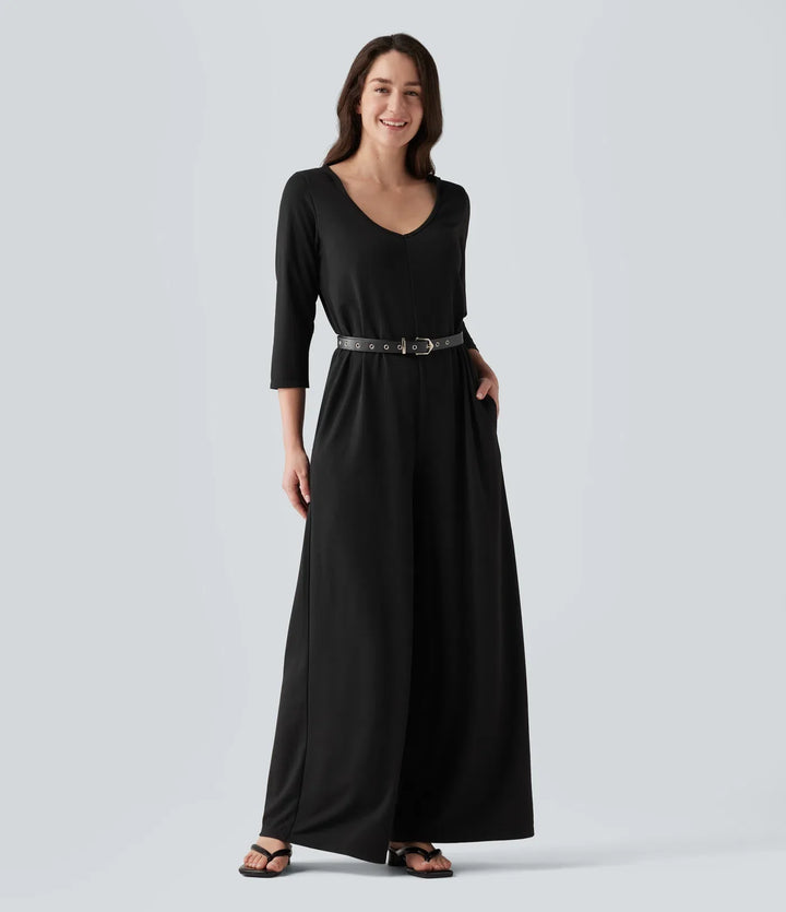 Hooded 3/4 Sleeve Baggy Relaxed Casual Jumpsuit with Pockets