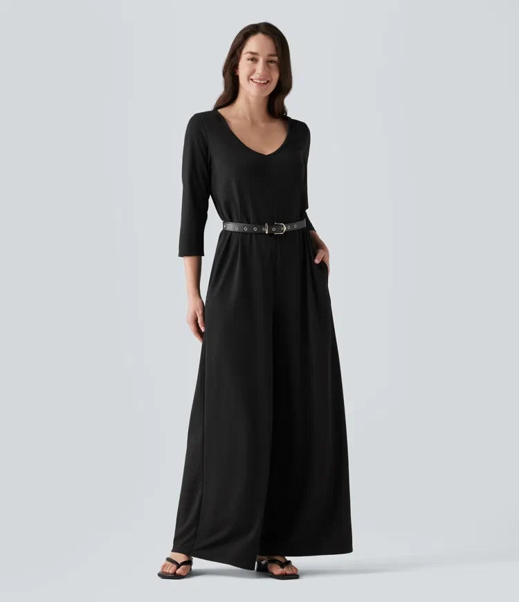 Hooded 3/4 Sleeve Baggy Relaxed Casual Jumpsuit with Pockets