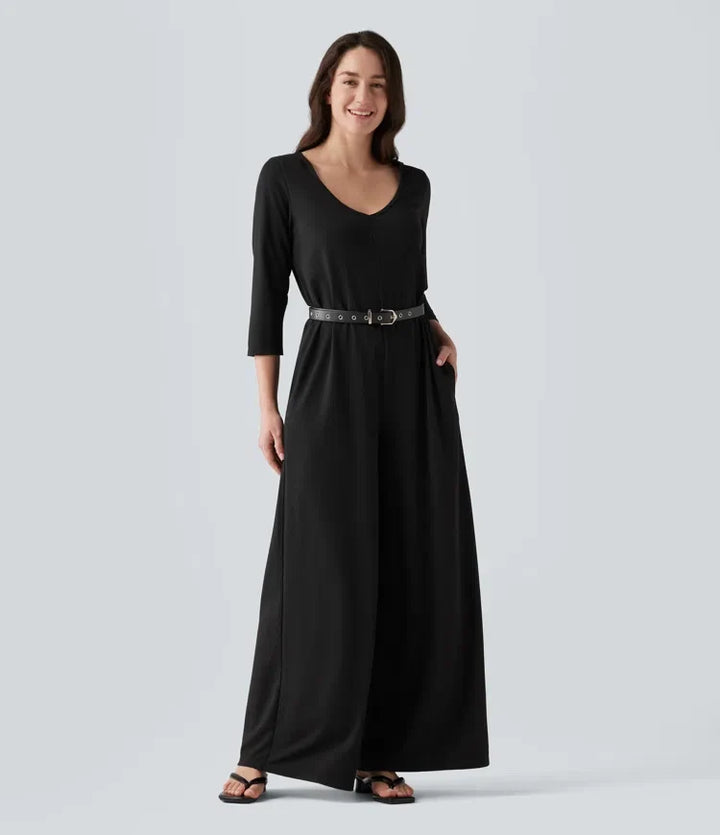 Hooded 3/4 Sleeve Baggy Relaxed Casual Jumpsuit with Pockets