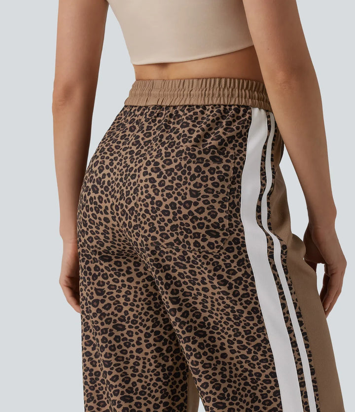 Mid Rise Drawstring Color Block Stripes Contrast Leopard Casual Baggy Trousers with Pockets