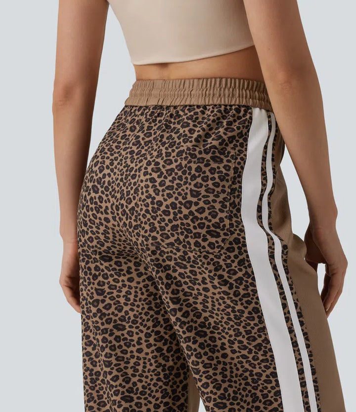 Mid Rise Drawstring colourBlock Stripes Contrast Leopard Casual Baggy Trousers with Pockets