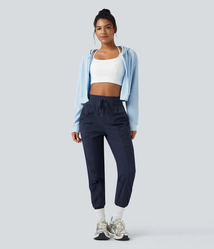 High Waisted Drawstring Ruched Tapered Quick Dry InstantCool Dance Joggers with Pockets-UPF40+