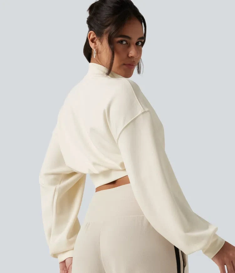Mock Neck Dropped Long Sleeve Casual Cropped Sweatshirt