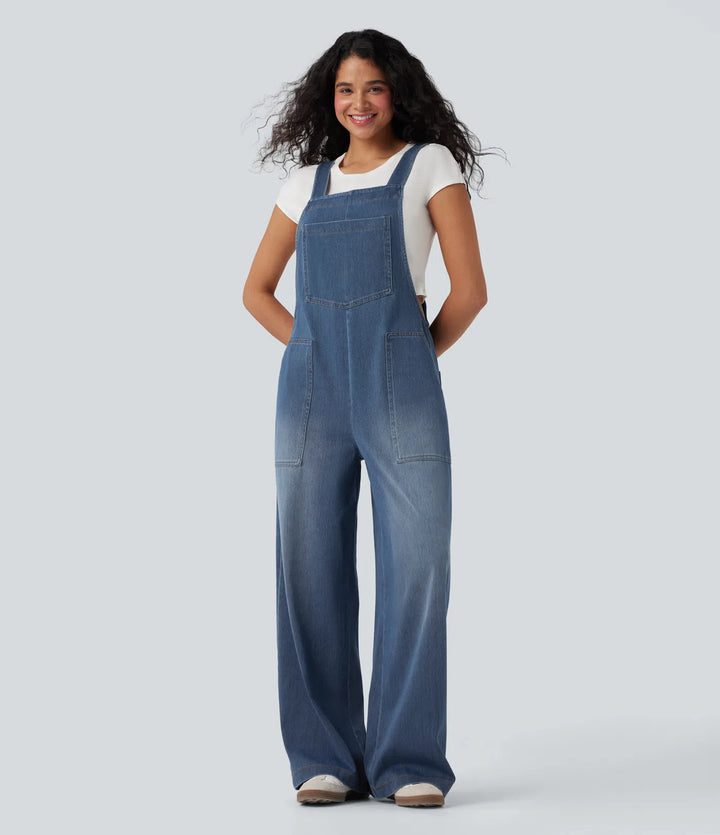 Halara Flex Square Neck Washed Denim Casual Dungarees with Pockets