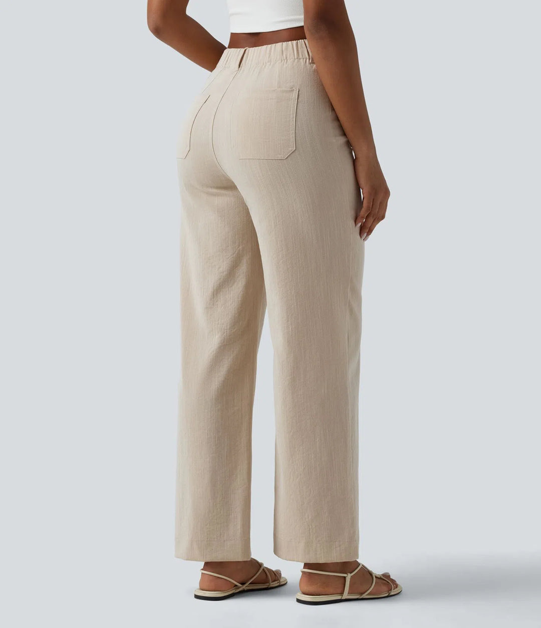 High Waisted Straight Leg Casual Linen-Feel Trousers with Pockets