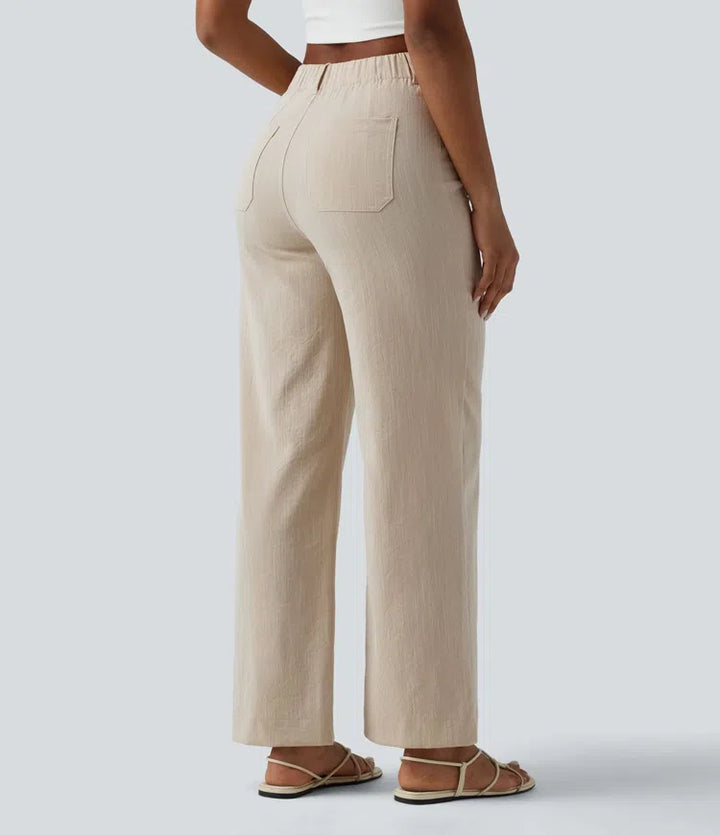 High Waisted Straight Leg Casual Linen-Feel Trousers with Pockets