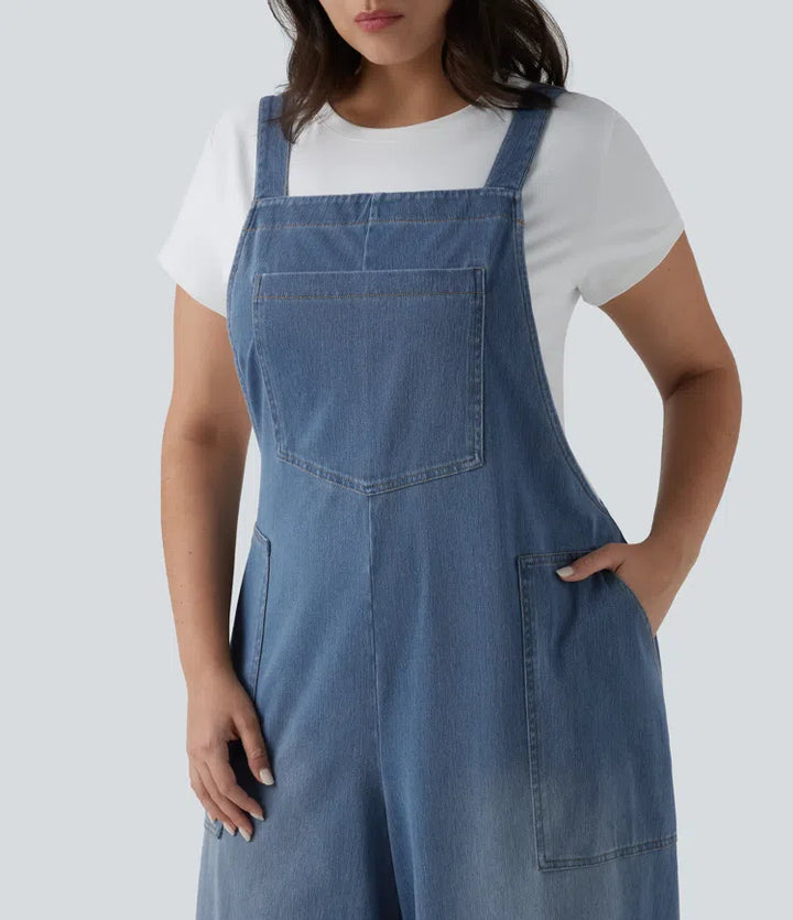 Plus Size Halara Flex Square Neck Washed Denim Casual Dungarees with Pockets