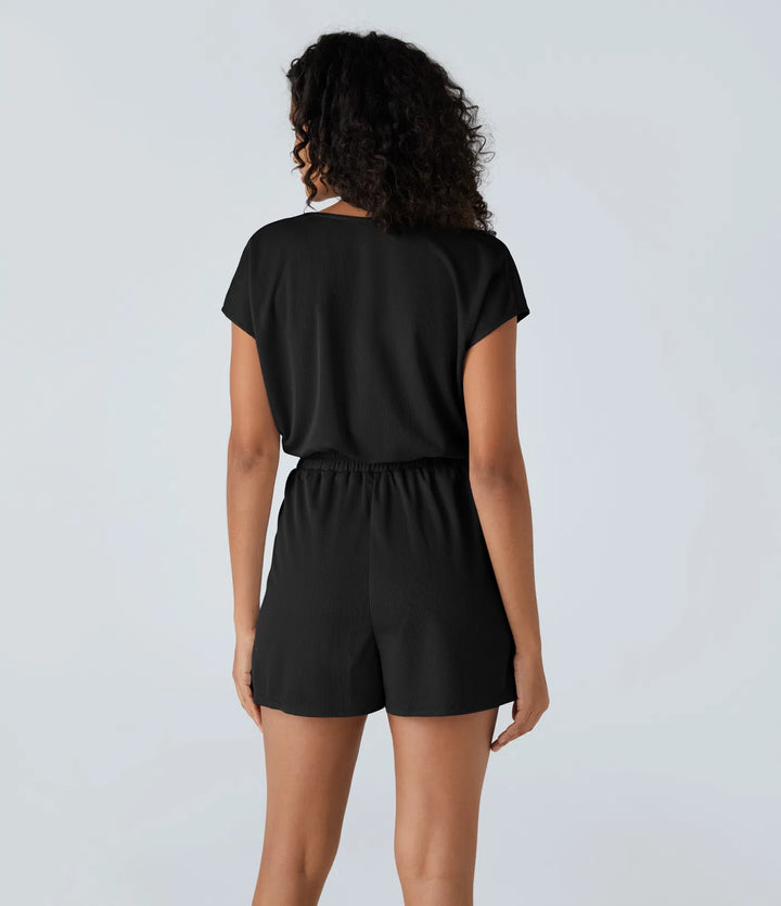 V Neck Short Sleeve Side Pocket Waffle Casual Playsuit