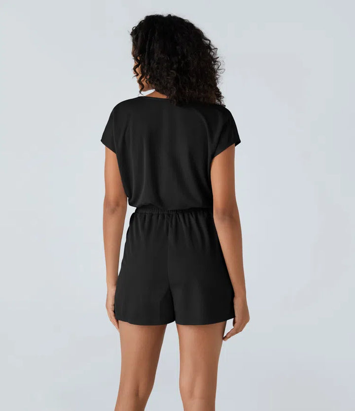 V Neck Short Sleeve Side Pocket Waffle Casual Playsuit