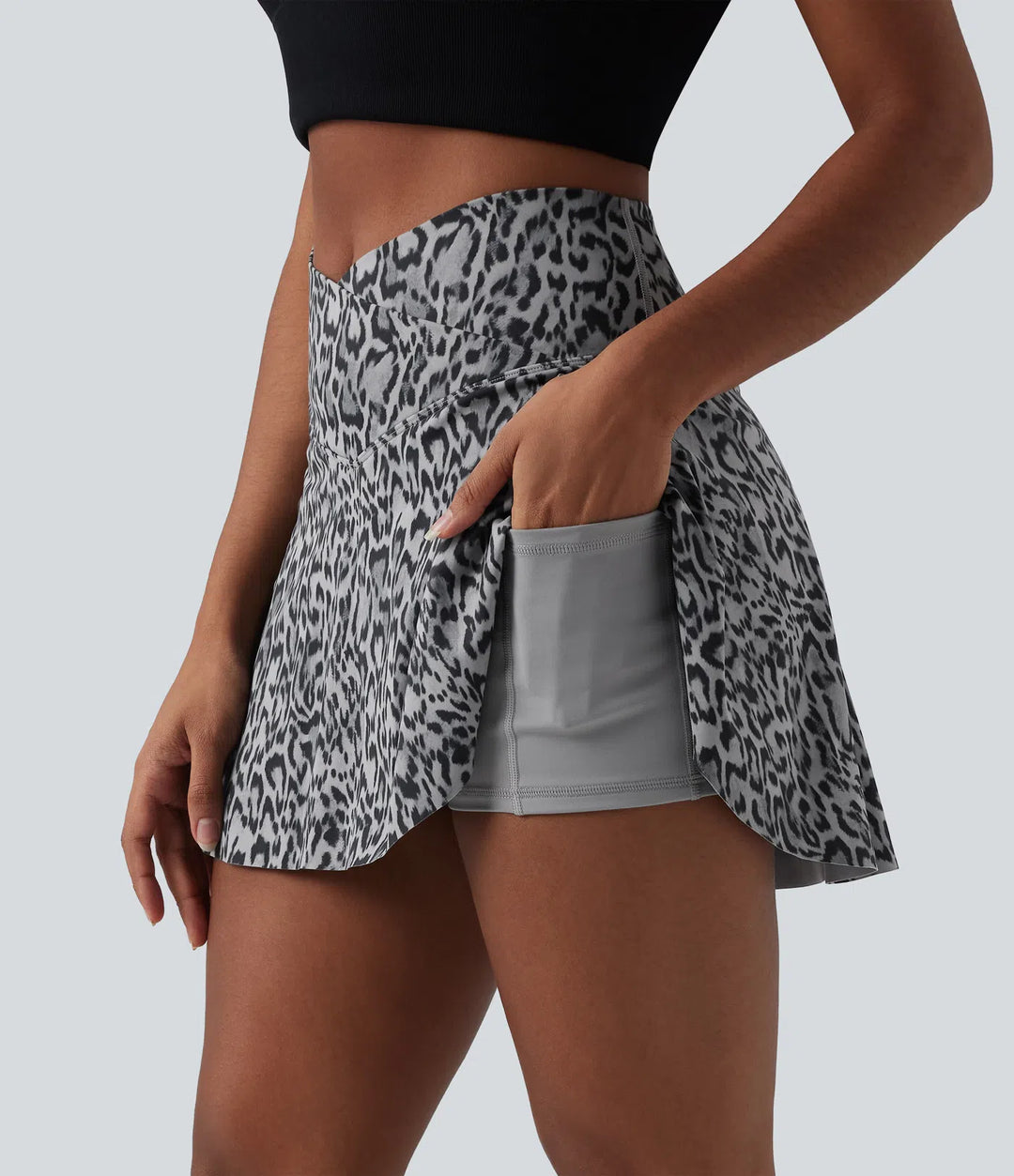 Crossover High Waisted 2-in-1 Leopard Print Mini Tennis Skirt with Pockets