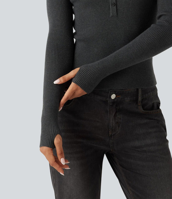 Henley Neck Long Sleeve Thumb Hole Work Wool-Blend Jumper
