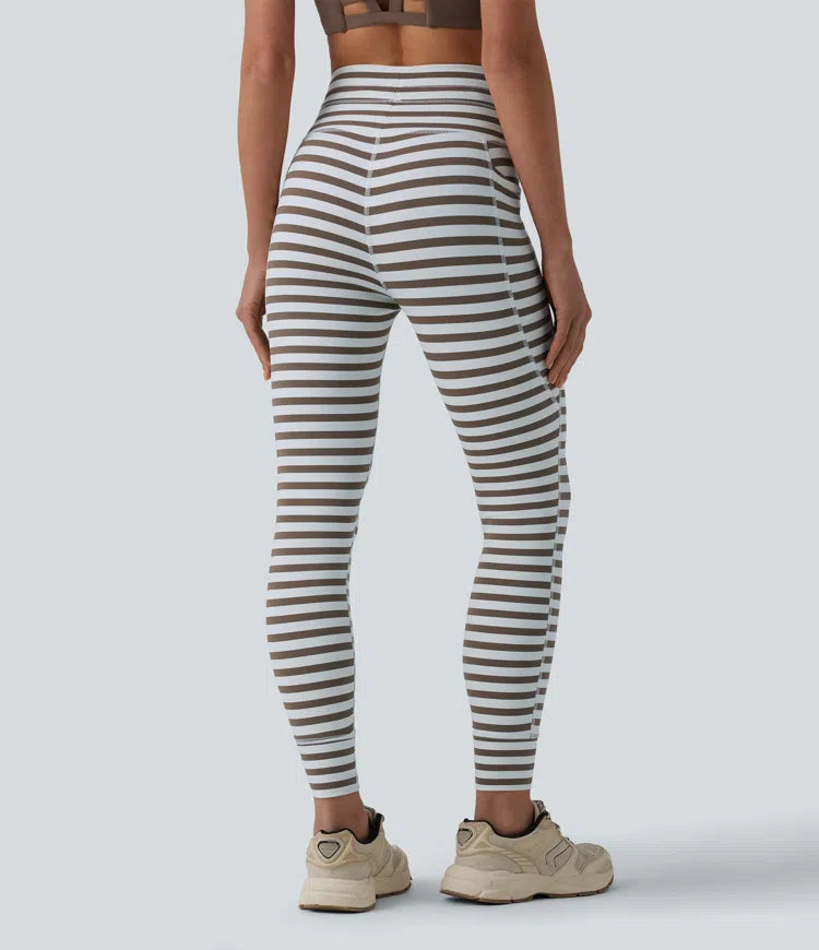 High Waisted Drawstring Stripe Yoga Leggings with Pockets