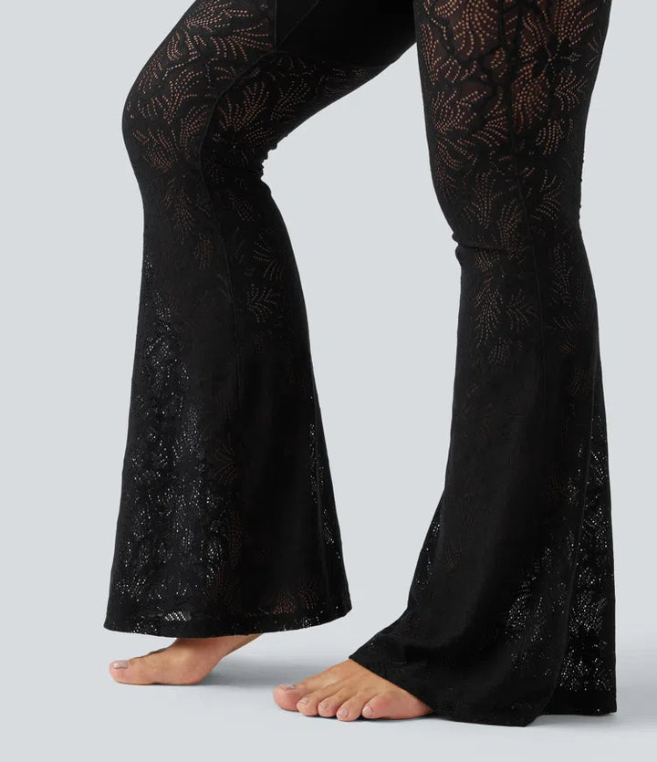 Halara UltraSculpt High Waisted Tummy Control Contrast Lace Yoga Flare Trousers with Pocket