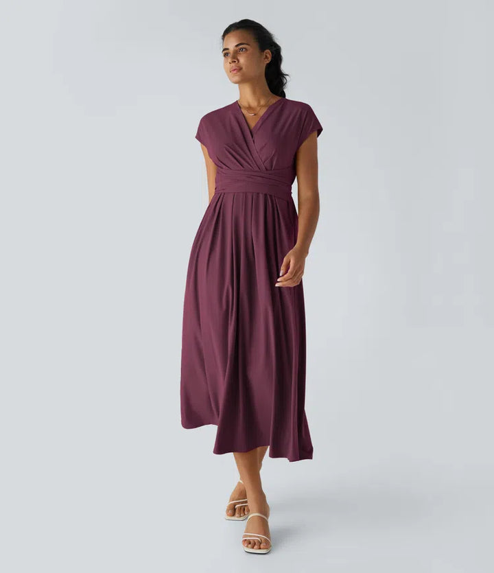 Breezeful V Neck Short Sleeve Pocket Tie Back Quick Dry Midi Casual Dress-Longer Length