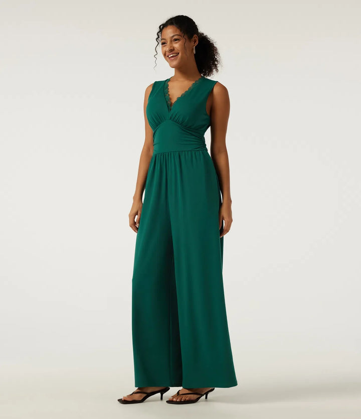 Deep V Neck Sleeveless Slim Contrast Lace Party Wide Leg Jumpsuits with Built-in Bra and Pockets - Easy Peezy Edition