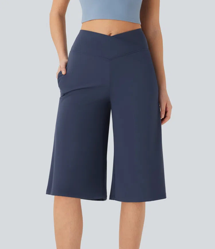 Softlyzero Airy Crossover High Waisted Wide Leg Yoga Cropped Capri Trousers with Pockets