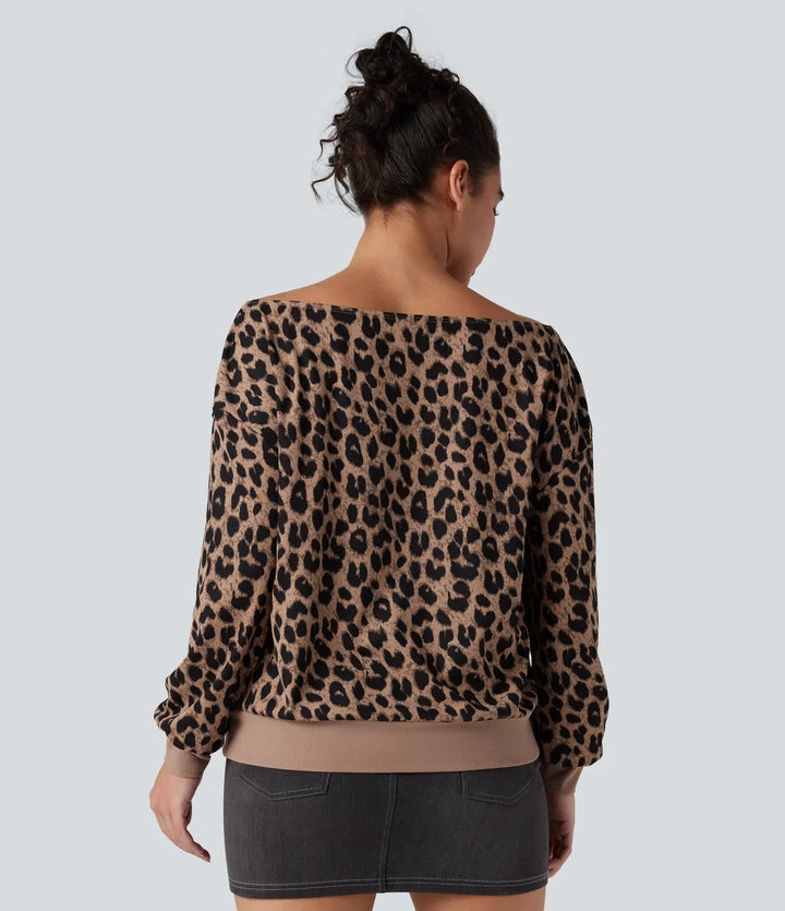 One-shoulder Long Sleeve Waffle Leopard Casual Sweatshirt with Pockets
