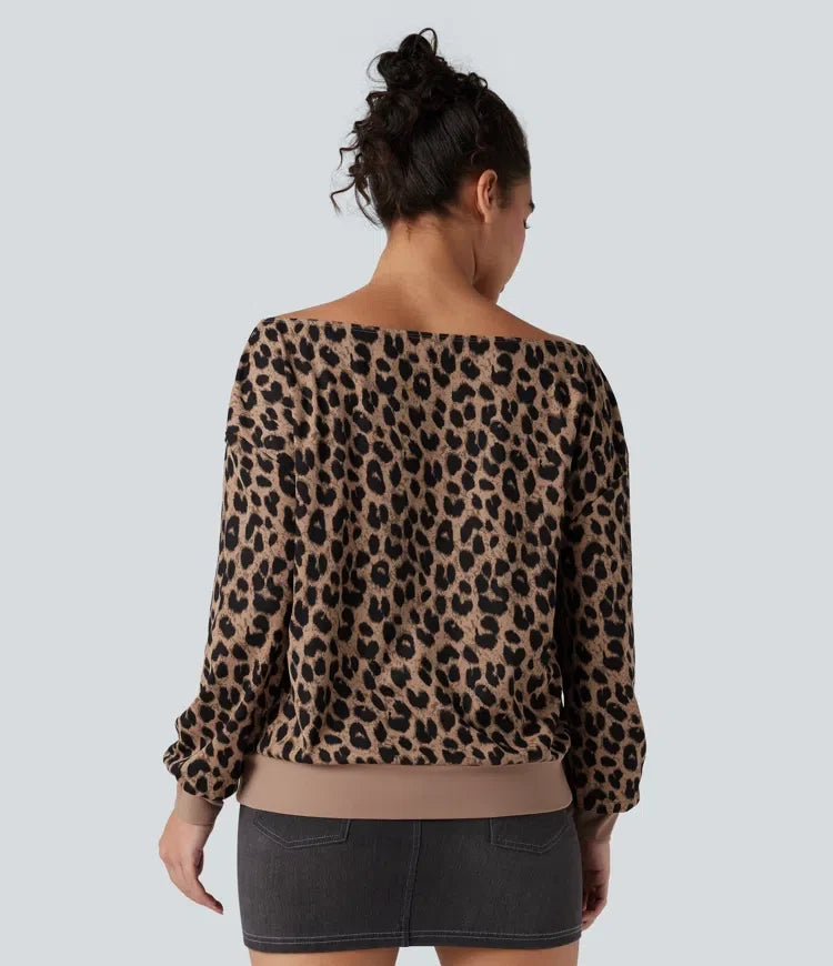 One-shoulder Long Sleeve Waffle Leopard Casual Sweatshirt with Pockets