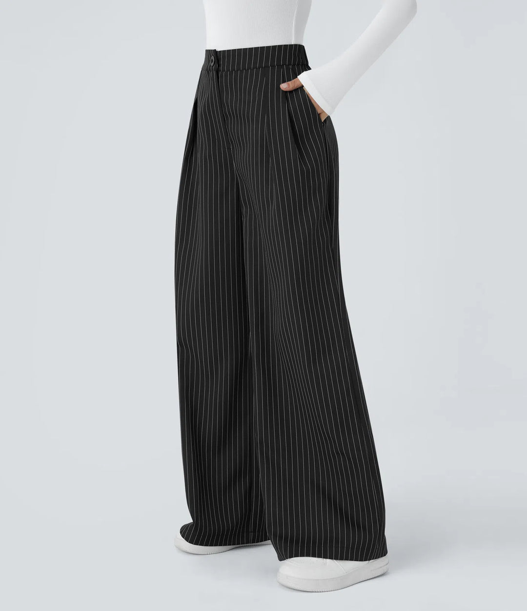 High Waisted Zipper Pocket Wide Leg Striped Work Trousers