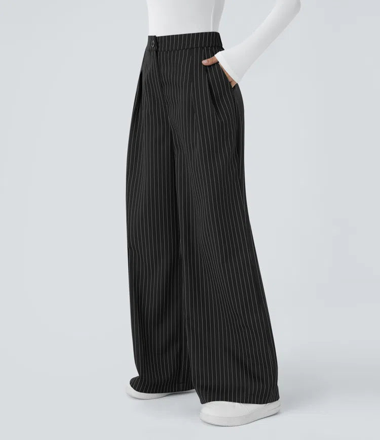 High Waisted Zipper Pocket Wide Leg Striped Work Trousers