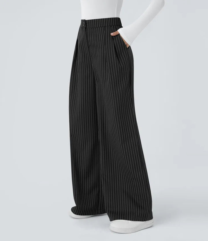 High Waisted Zipper Pocket Wide Leg Striped Work Trousers