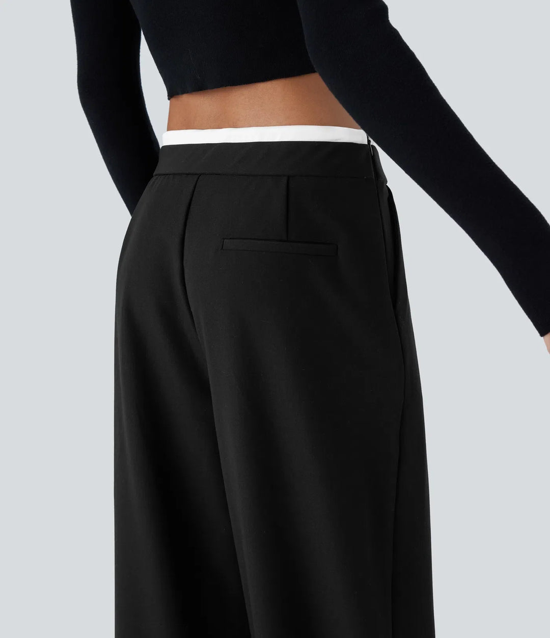 Double-Layer Color Block Low Rise Drawstring Pocket Wide Leg Casual Trousers
