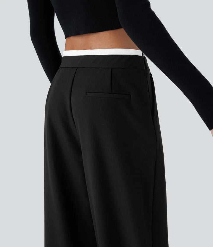 Double-Layer Color Block Low Rise Drawstring Pocket Wide Leg Casual Trousers