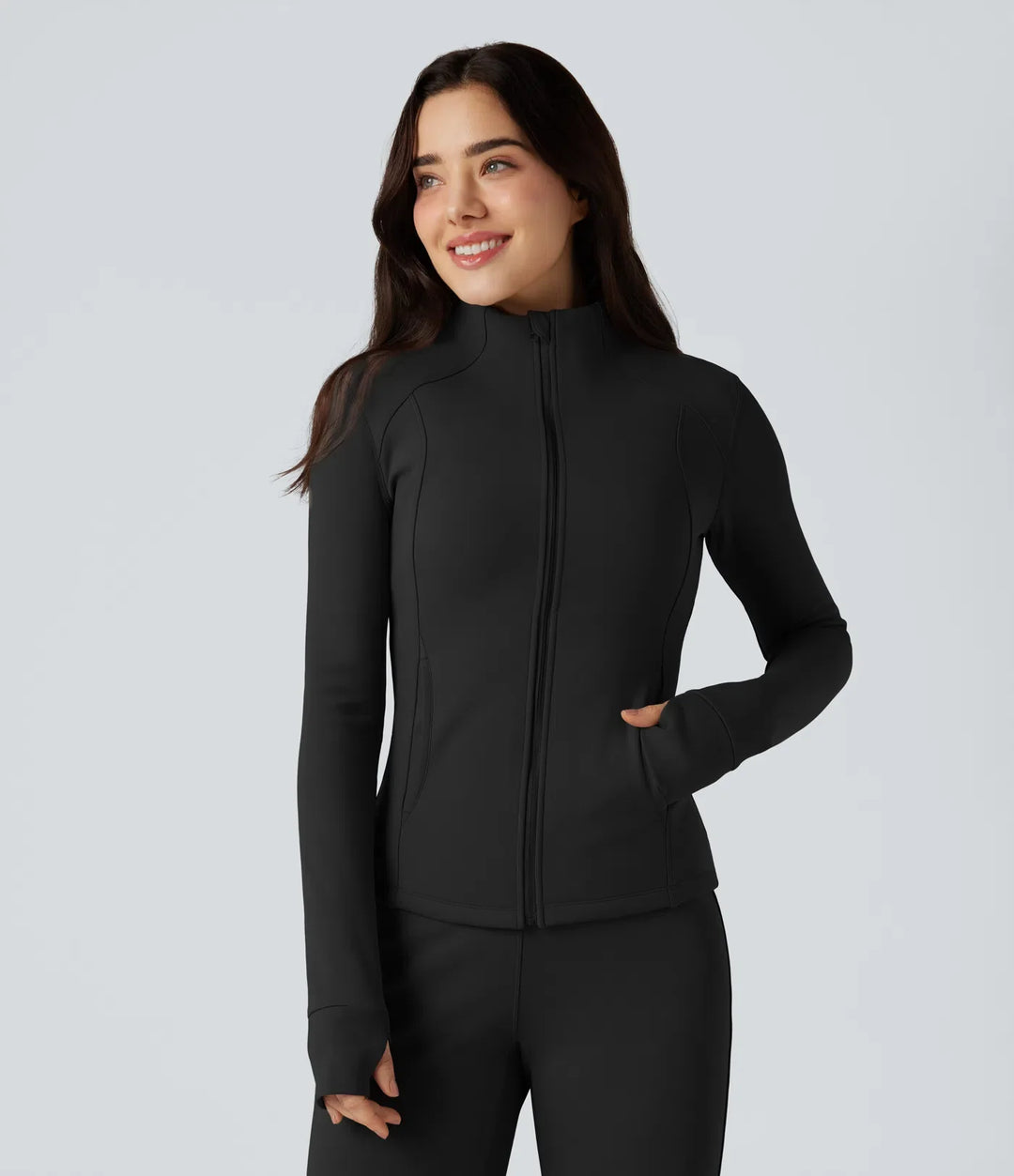 Long Sleeve Thumb Hole Fleece Workout Jacket with Pockets
