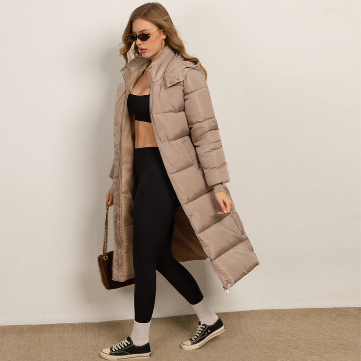 Hooded Long Sleeve Zipper Longline Casual Puffer Jacket with Pockets