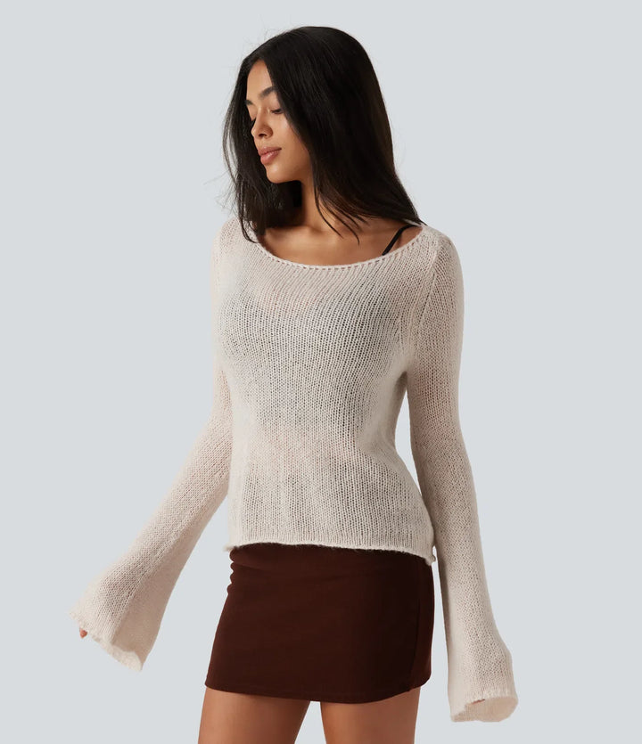 Boat Neck Flounce Long Sleeve Tie Back Casual Wool-Blend Jumper