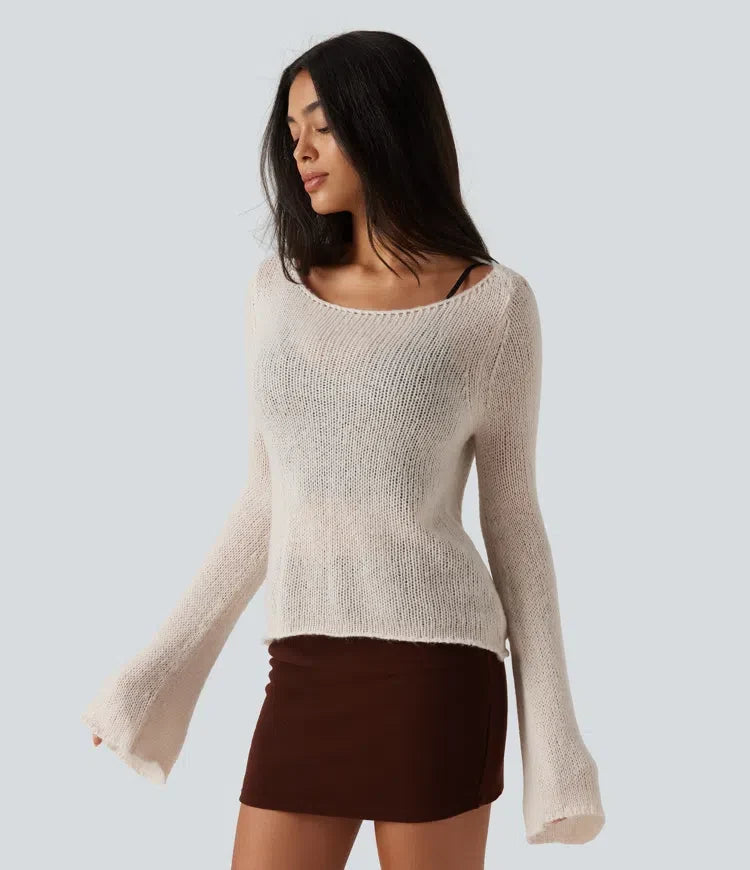 Boat Neck Flounce Long Sleeve Tie Back Casual Wool-Blend Jumper