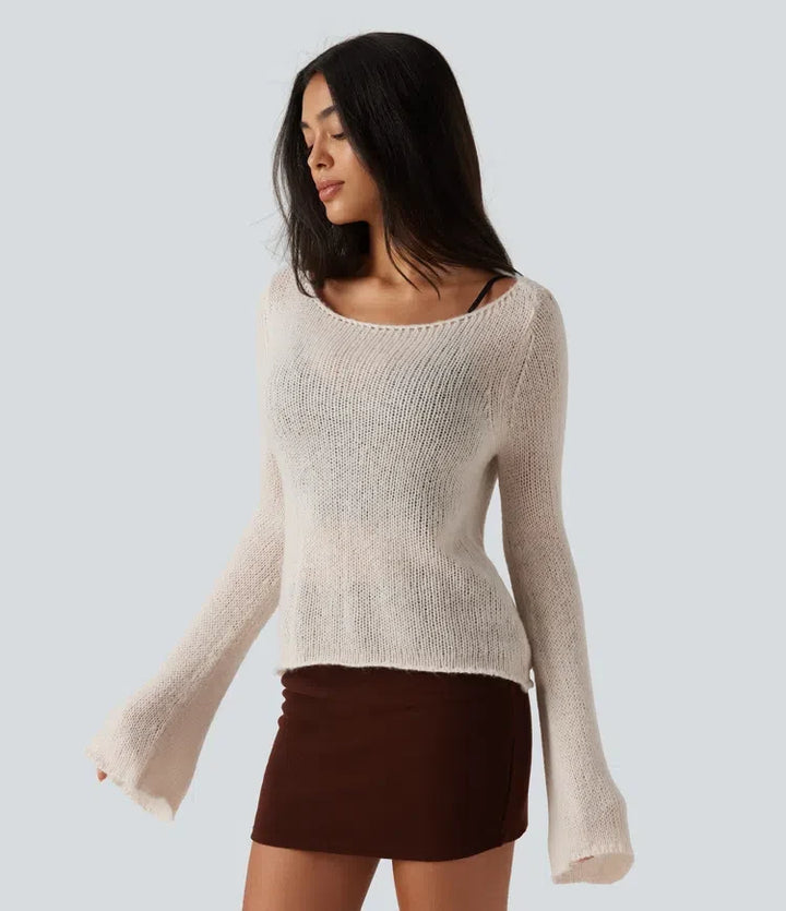 Boat Neck Flounce Long Sleeve Tie Back Casual Wool-Blend Jumper