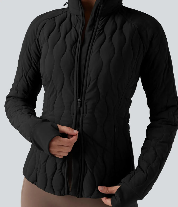 PuffFlex High-neck Thumb Holes Stretchy Workout Padded Jacket with Pockets-Packable Neck Pillow