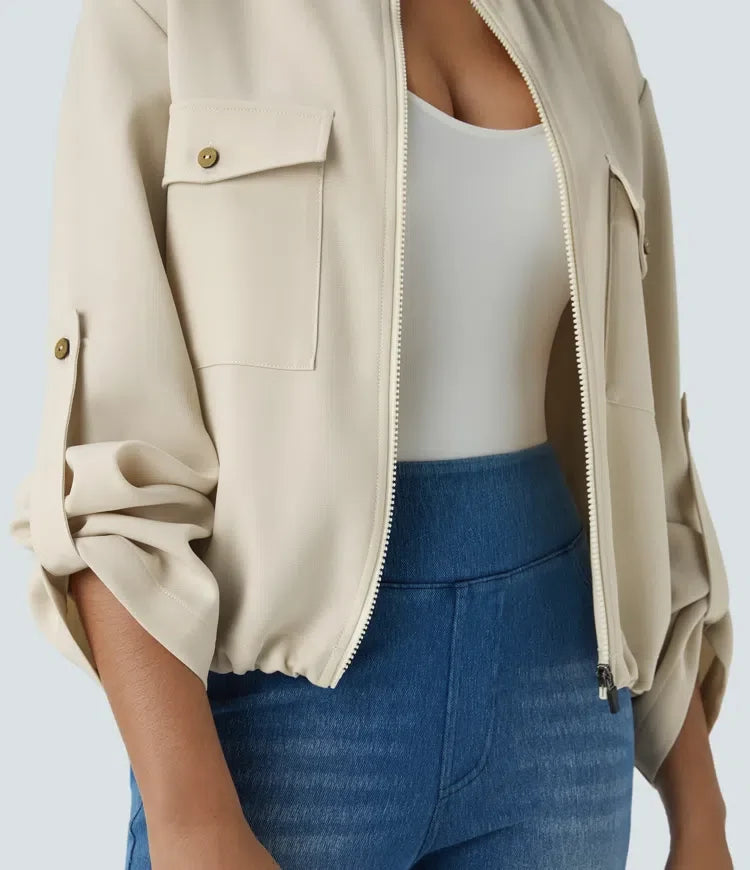 Stand Collar Roll Tab Sleeve Flap Pocket Inside Drawstring Hem Zip Casual Jacket